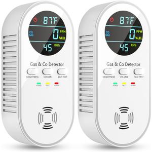 5-in-1 Carbon Monoxide Detectors, Natural Gas Leak Detector, Plug-in & Battery Backup Co Detector, HD Digital Display, CO Gas Temp Humidity Sensor Vilfet, 2-Pcs, White