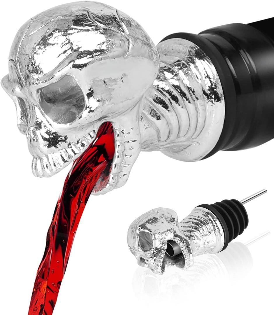 Skull Wine Aerator Pourer Spout, Olive Oil Liquor Bottle Decanter, Silver Plated Creative Gifts for Alcohol Spirits Whiskey Lover (Silver Plated Skull)