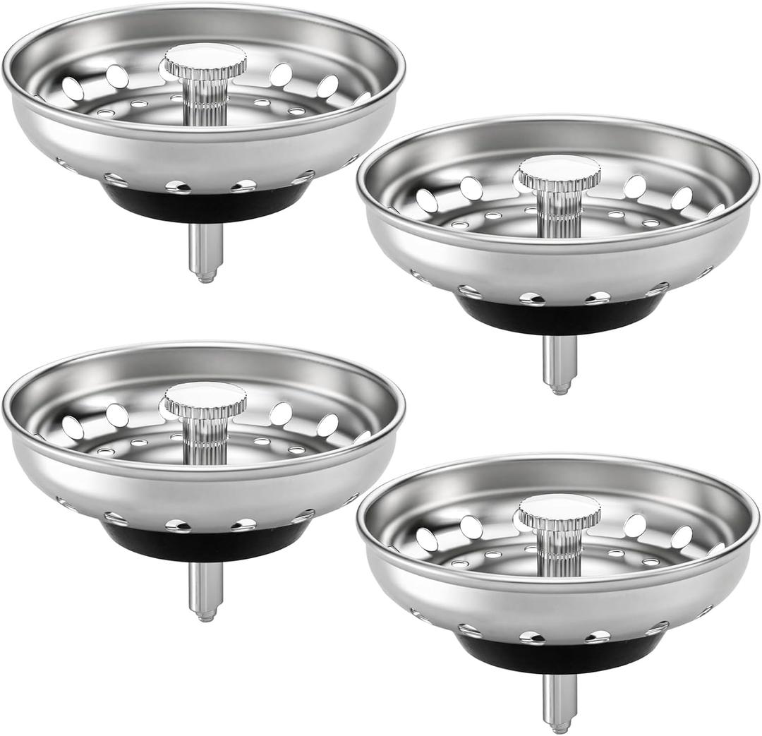 Kingrol 4 Pack Kitchen Sink Strainers with Rubber Stoppers - Stainless Steel Drain Basket Replacement, Fits 3.5 Inch Standard Sink Drain, Prevents Clogs, Easy Clean, Rust Resistant