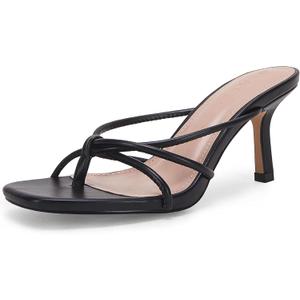 LAICIGO Womens Square Open Toe Flip Flops Stiletto Heels Strappy Thong Slide on Slingback Mules Sandals (7, Black)