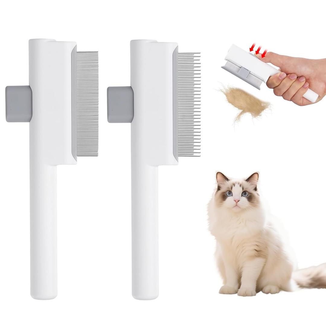 2 Pcs Self-Cleaning Flea Comb for Cats  Dual-Tooth and Gentle Cat Comb for Long and Short Hair  Ergonomic Zen Brush for Healthier Cats and Cleaner Homes (White)