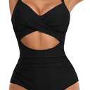 Eomenie Women's One Piece Swimsuits Tummy Control Cutout High Waisted Bathing Suit Wrap Tie Back 1 Piece Swimsuit (Black, S)