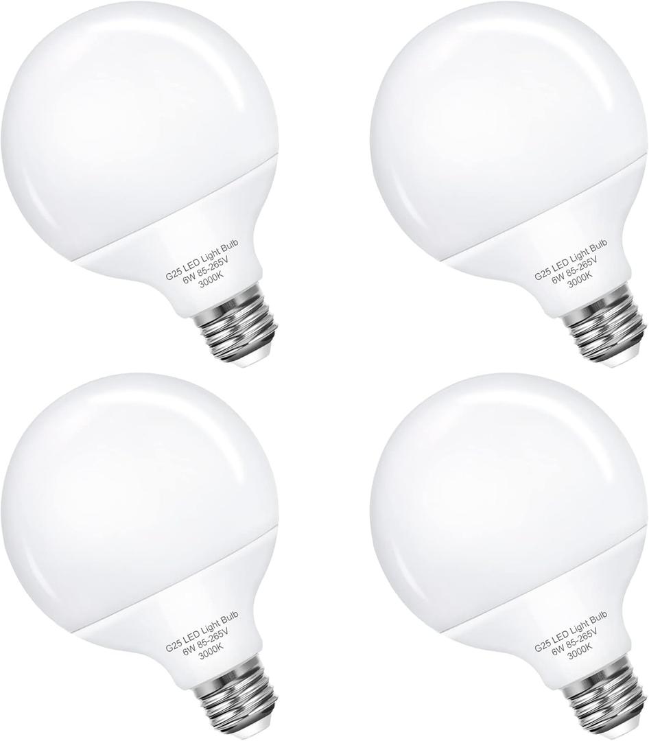 G25 LED Vanity Globe Light Bulb, 60W Equivalent Incandescent Bulbs for Vanity Bathroom Mirror Light Bulb, 3000K Soft White E26 Base Makeup Mirror Lights, Not-Dimmable Christmas Decor Lighting, 4 Pack