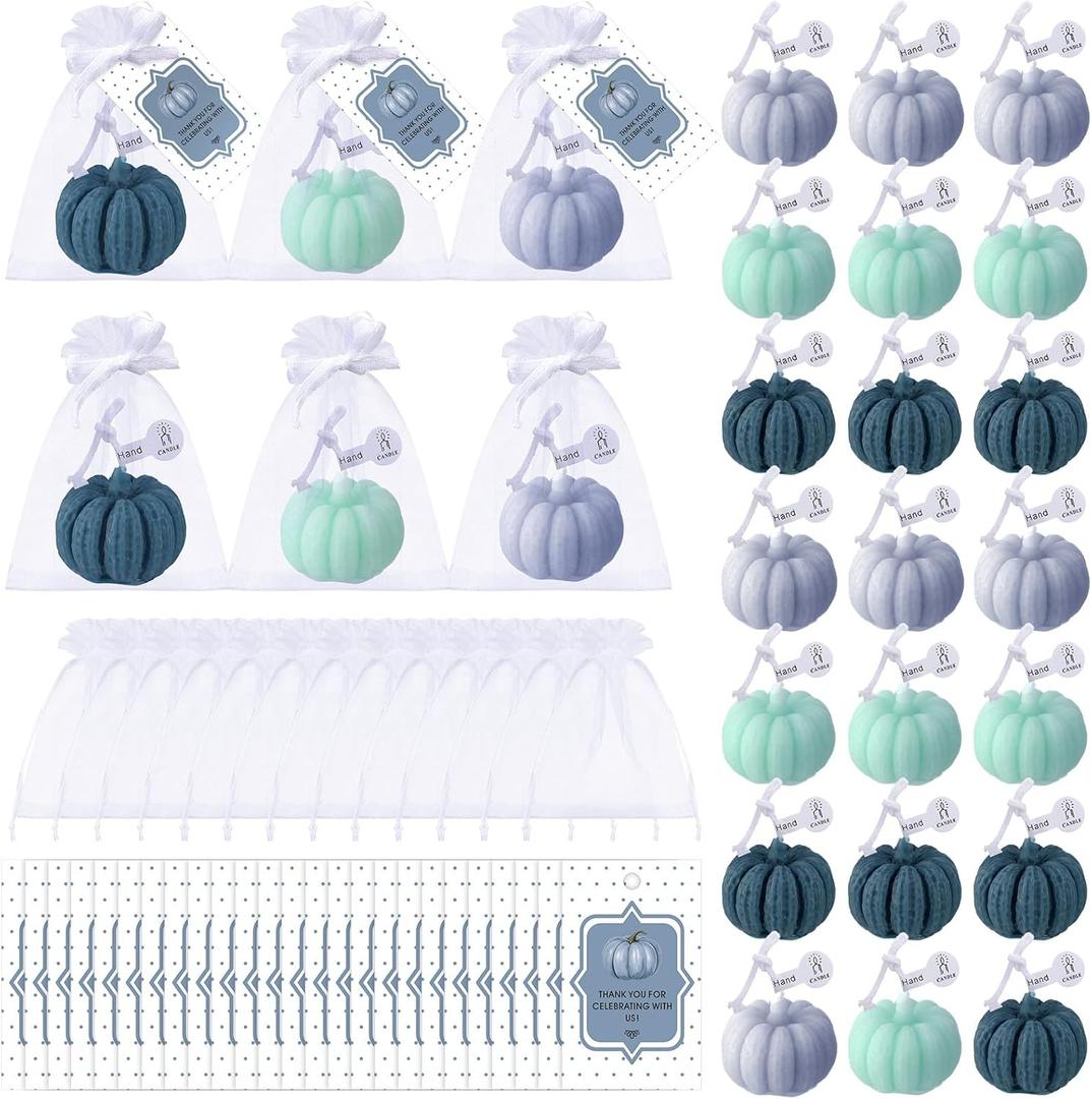 Treela 24 Set Pumpkin Candles Fall Baby Shower Party Favors for Guests Little Pumpkin Thank You Return Gifts Bulk for Thanksgiving Autumn Baby Shower Wedding Favors (Gray Green)