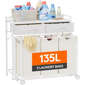 Lifewit Laundry Hamper 3 Section, Large Rolling Laundry Sorter with Shelf & 2 Drawers, Pull-Out Laundry Basket Organizer with Wheels and Removable Bag, White and Beige