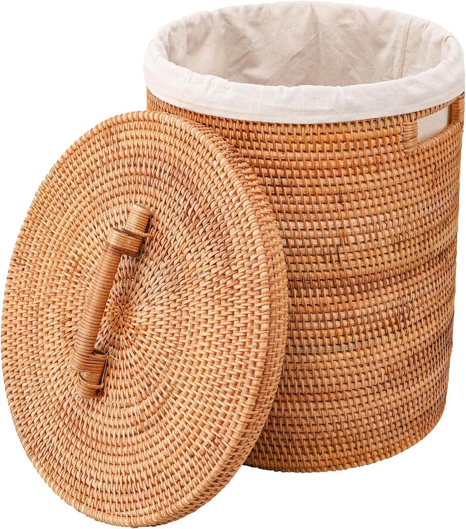 Rattan Laundry Hamper With Lid, Rattan Laundry Basket With Removable Liner Bag Handles (13.8" xL13.8"xW15.7"H (Round Brown-Lid)