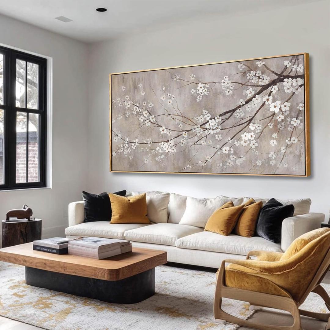 Flowers Wall Art Grey Pictures Wall Painting Large Framed Canvas Art Landscape Artwork for Dining Room Home 29"x 58" Ready to Hang (Brown)