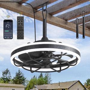 LEDIARY 20" Outdoor Ceiling Fans with Light, IP65 Waterproof Gazebo Fan with Hanging Hook, App Control for 3CCT Dimmable, Caged Plug in Ceiling Fan with Hanging Hook for Patio, Porch, Pergola