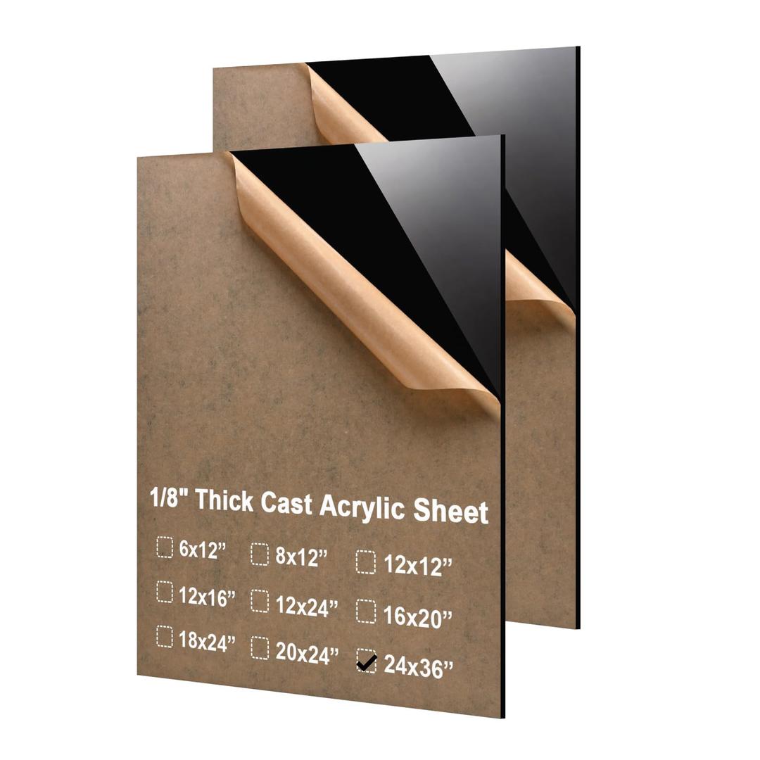 KINLINK 24x36 Plexiglass Sheets 1/8 inch Thick - 3mm Black Cast Acrylic Sheet, Plastic Board Polycarbonate Sheet for DIY Project, Craft, Table Top, Acrylic Sign and Wedding Invitation 2 Pack