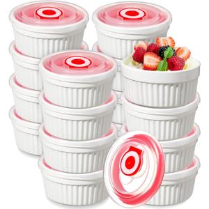 12 Pack 6 oz Ramekins with Lids Oven Safe Porcelain Creme Brulee Ramekins with Covers White Pudding Custard Cups Stackable Ramekins Ceramic Bowls For Baking Dishwasher Ice Cream Serving Dip