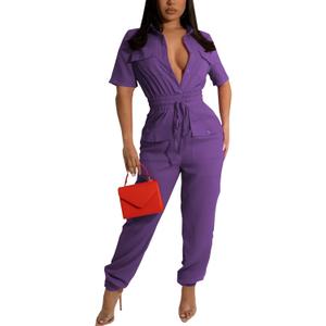 ZonJie Sexy Jumpsuits for Women Summer Plus Size Short Sleeve Party Rompers Dressy Club Wide Leg Long Pants (Small, 923purple)