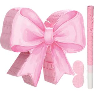 Threan Bow Piata Bow Party Piata with Bat Stick Blindfold Mask Conquette Birthday Centerpieces Decorations for Bridal Shower Wedding Anniversary Engagement Supplies(Pink)