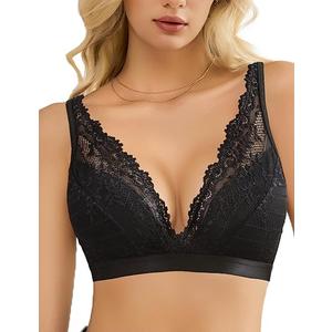 Avidlove Bras for Women Floral Lace Bralettes Deep V Sexy Bras Cross Back Longline Bralette No Padded Black XXL