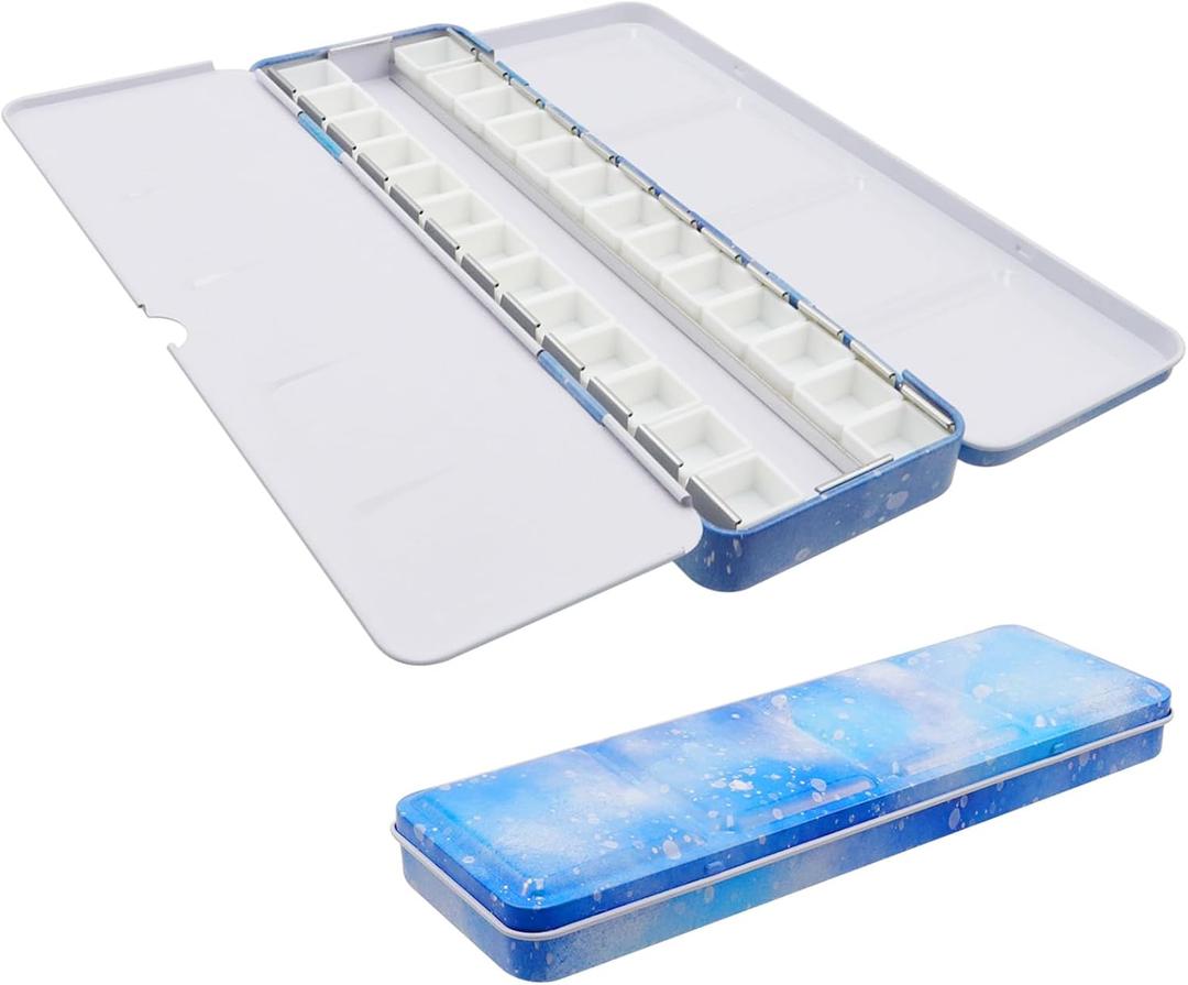 Bitray Medium Metal Empty Watercolor Palette Multifunctional Pigment Palette with 26 Empty Half Pans for Gouache Oil Painting DIY Painting and Air Painting White Blue