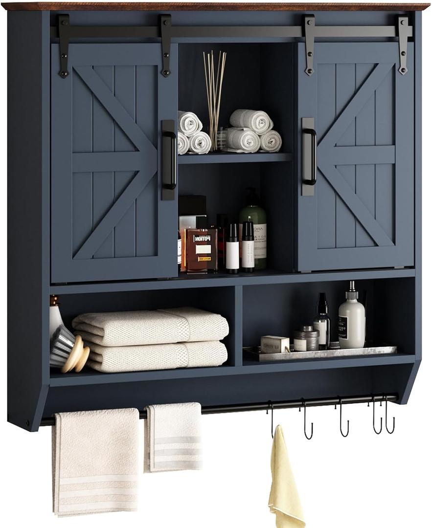 RUSTOWN Farmhouse Bathroom Wall Storage Cabinet with Sliding Barn Doors, 31.5 inches x 30.7 inches x 7.9 inches