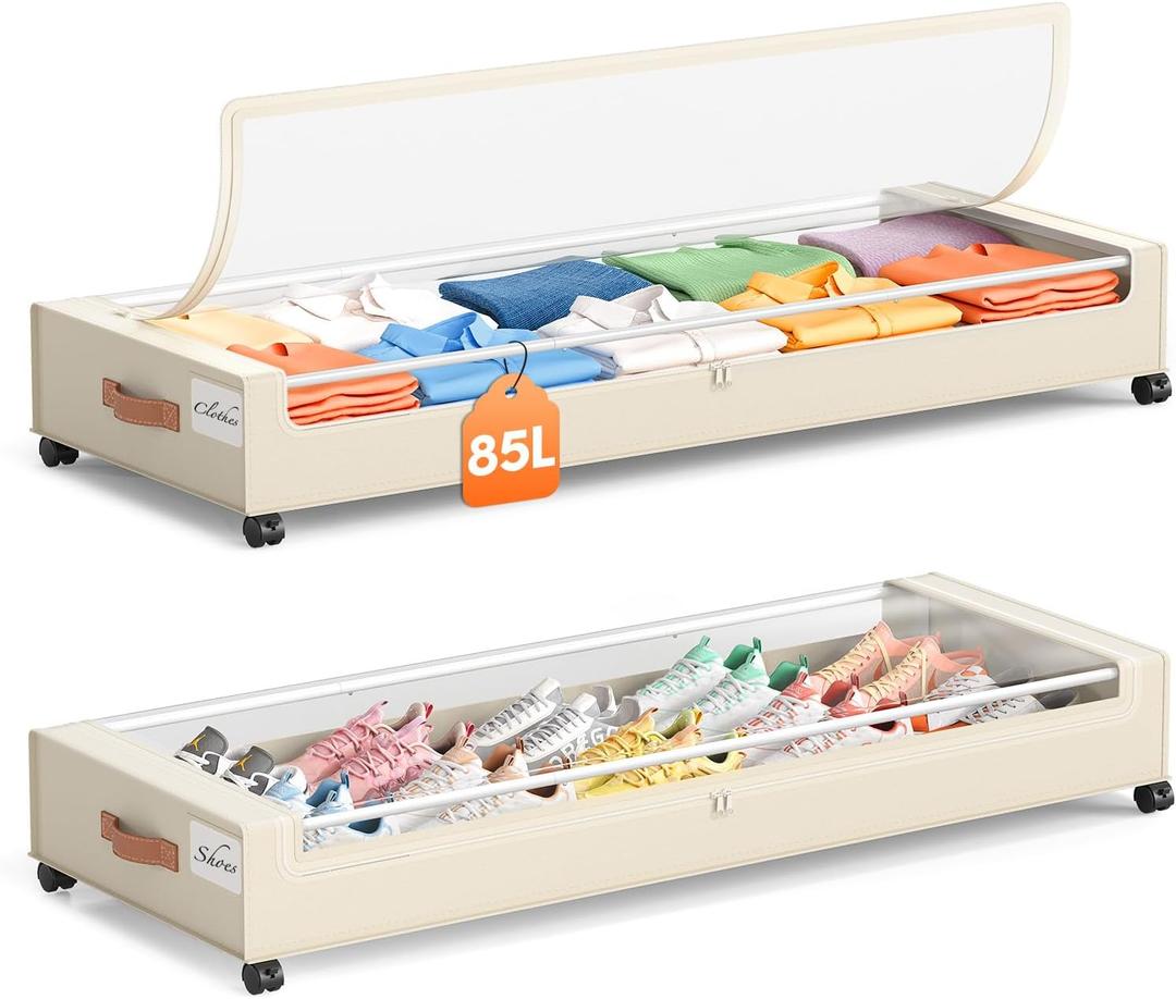 Yecaye Under Bed Storage with Wheels 2 Pack, 85L Extra Large Under Bed Storage Containers with Metal Frame & Clear Lid, Rolling Underbed Organizer Bins Drawers for Clothes, Shoes, Blankets, Beige