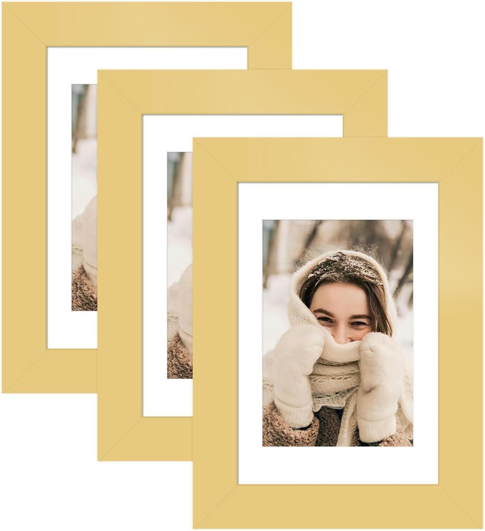 YESKAY 4x6 Picture Frame 3 Pack,Gold Wooden Frame with Tempered Glass,Display Pictures 3.5x5 with Mat or 4 x 6 Without Mat,4 by 6 Photo Frame for Wall or Tabletop