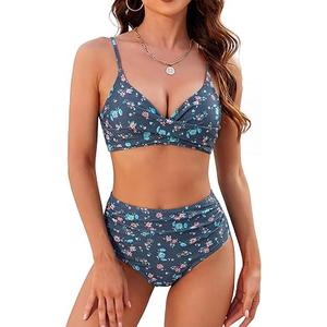 ZAFUL Women High Waisted Bikini Sets Two Piece Swimsuit Push Up Twist Front Ruched Bathing Suit, Medium, Denim Blue Floral