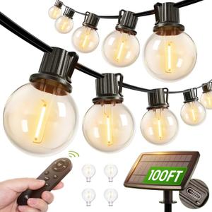 addlon 100FT Solar String Lights Outdoor with Remote, 54 LED Shatterproof Bulbs, Dimmable & Timable, 3 Light Modes, G40 Waterproof Solar String Lights for Outside Backyard Party Decor