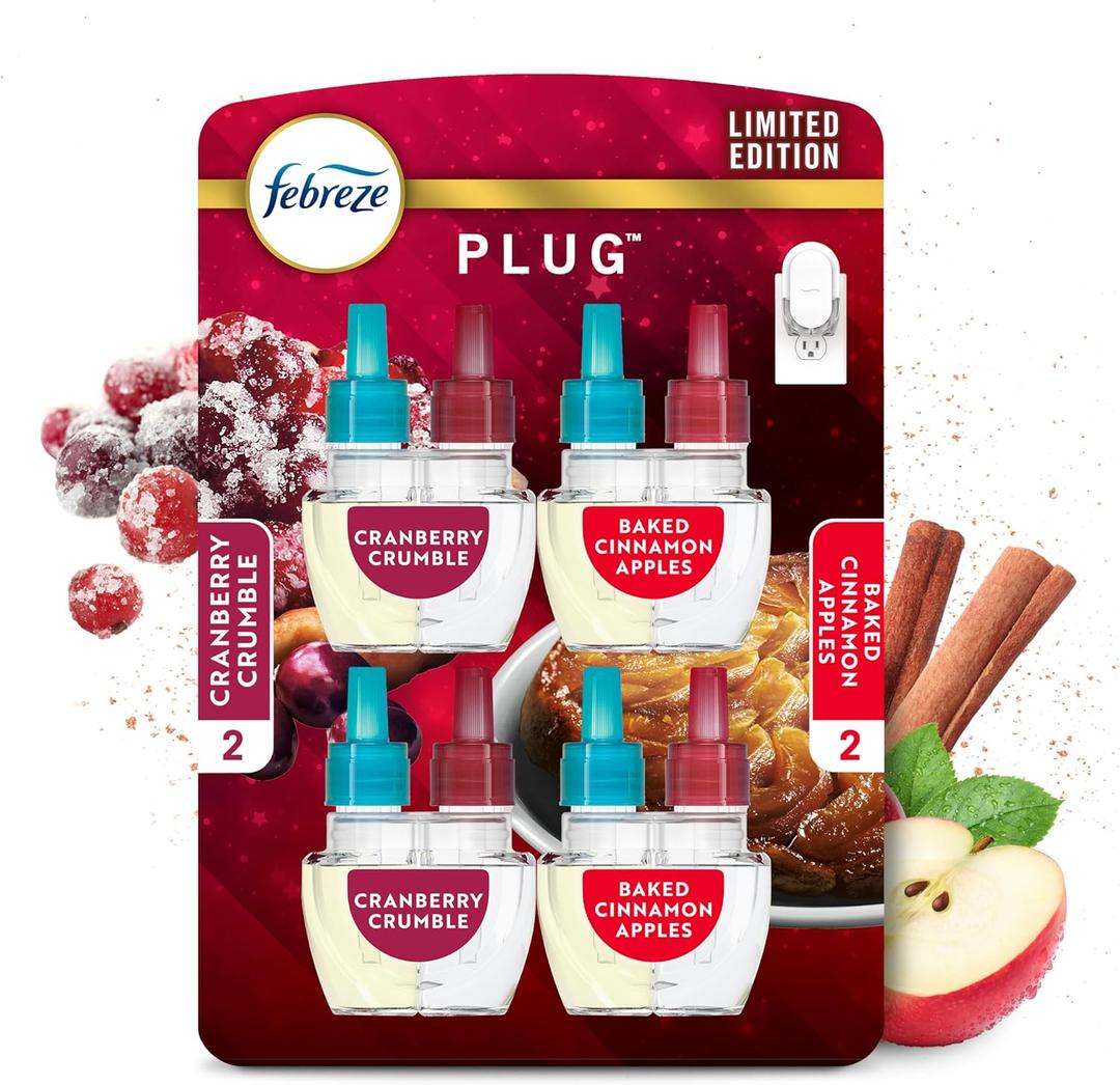 Febreze Odor-Fighting Fade Defy PLUG Air Freshener Baked Cinnamon Apple, Cranberry Crumble, .87 Fl. Oz, Oil Refill, 2 of Each