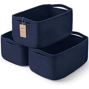 3-Pcs Shelf Baskets for Organizing, Closet Organizer Bins, Small Woven Baskets, Rope Toy Basket, Storage Basket for Shelves, Cube Decorative Box, 11.87.85.1|Navy Blue