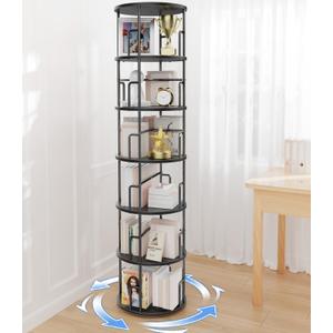 6 Tier Rotating Bookshelf Tower Round Black,74Tall Spinning Bookshelf Tower Anti-Tipping Design,Metal & Wood Standing Revolving Bookcase Stackable Space Saving for Small Spaces,Study,Living Room