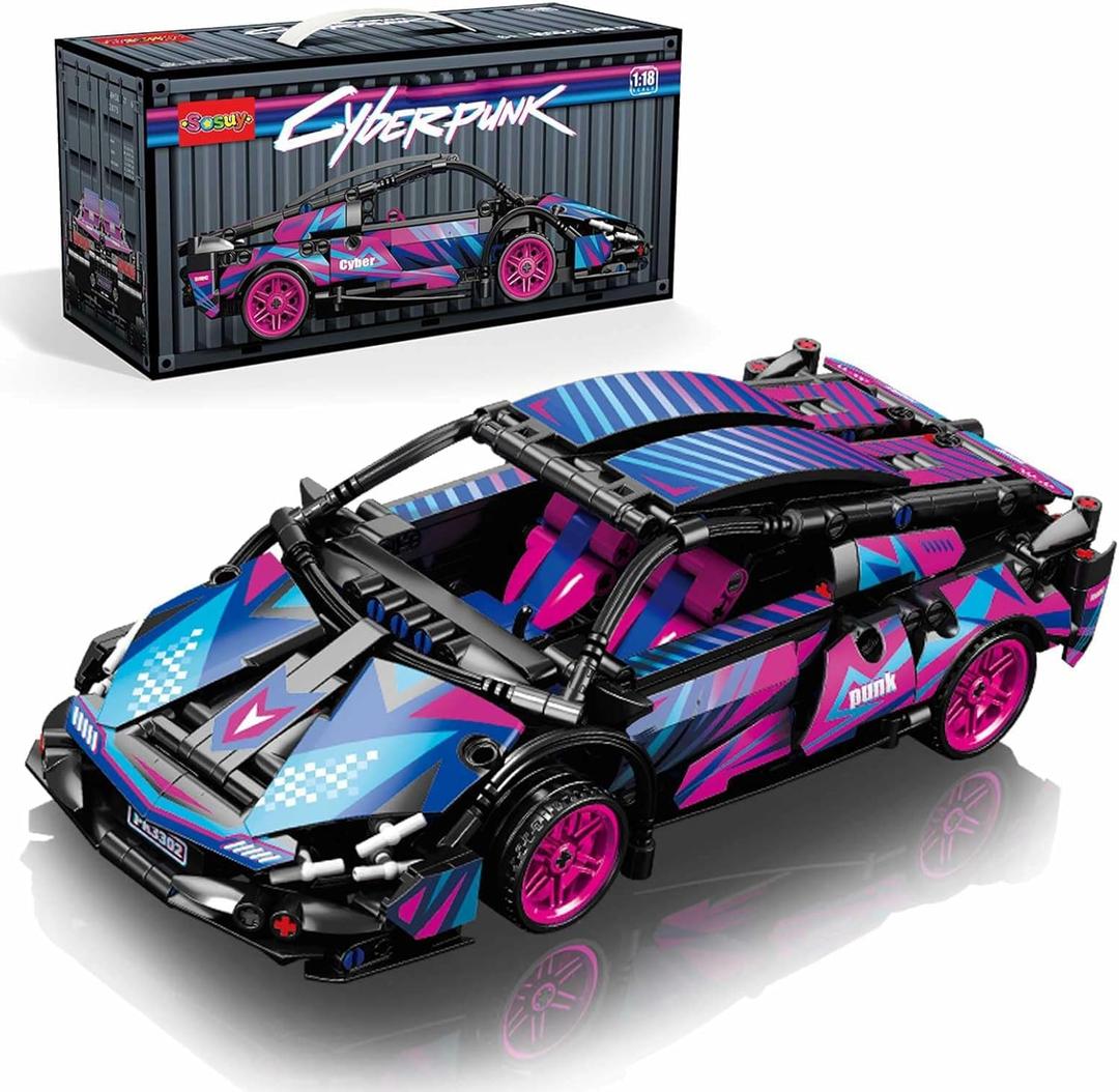 Sosuy Building-Block Race-Car Set, 1:18 Technical Model Kit 586 Pcs DIY Pull-Back Cyberpunk Toy for Boy Girl Kid Age 6+ Year, Birthday Gift for Teen Adult Display, Speed Super Sports Cars Bricks Icons, Cyberpunk1