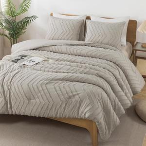 Andency Linen Comforter Set King Size, Boho Soft Warm Tufted Bedding Comforter Sets for King Size Bed, 3 Pieces Aesthetic Chevron Farmhouse Cute Bohemian Textured Bedding Set (King (104*90 in), 10 - Linen Grey)