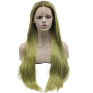 Mxangel Long Straight Ombre Green Synthetic Wig Lace Front Heat Friendly Fiber Hair Wig
