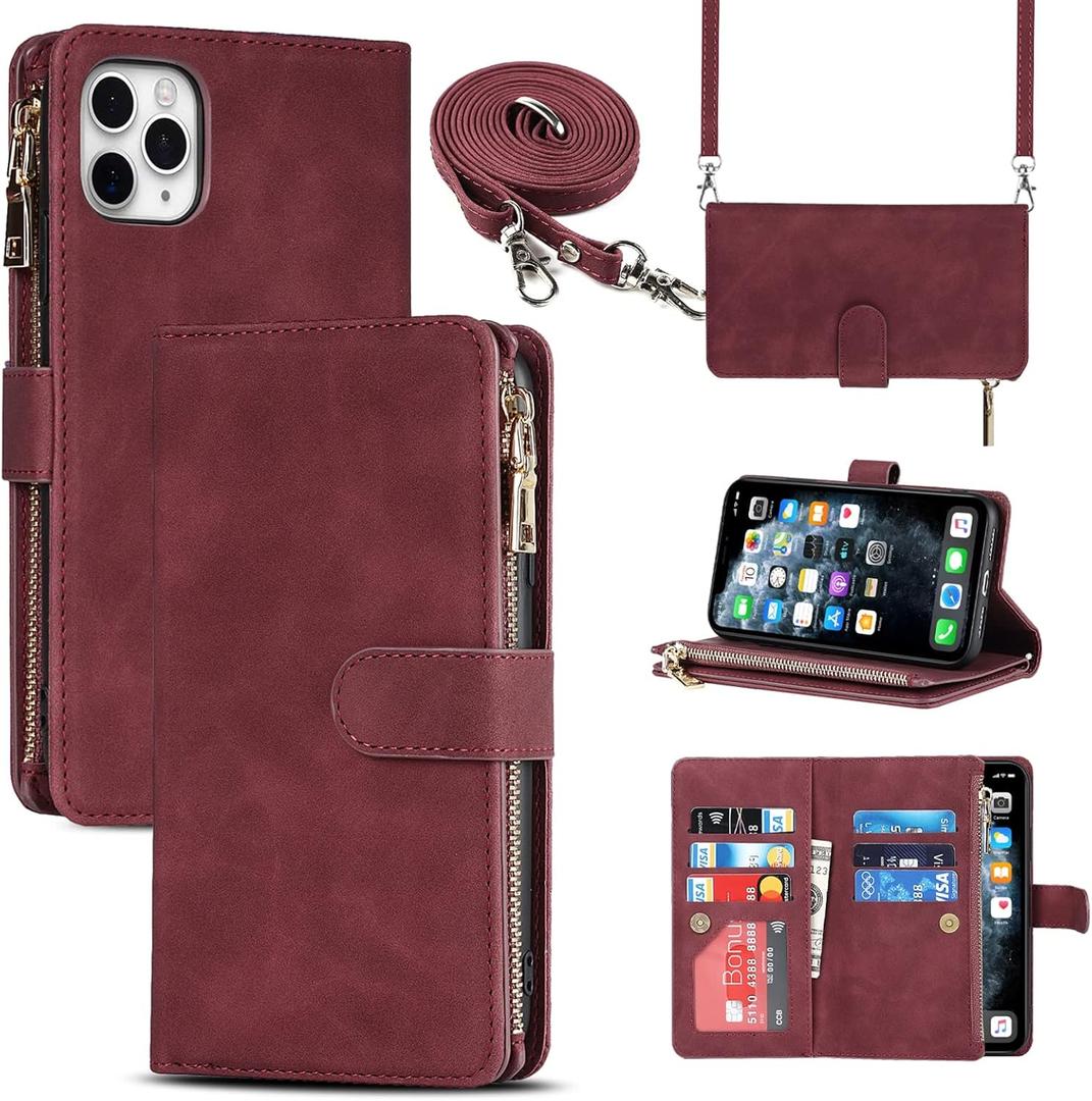 Jaorty for iPhone 11 Pro Max Phone Case Wallet for Women with Credit Card Holder,Crossbody Case with Strap Shoulder Lanyard, Zipper Pocket PU Leather Cases,6.7 Inch Burgundy