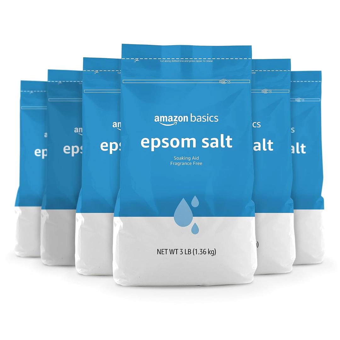 Amazon Basics Epsom Salt Soak, Fragrance Free, Magnesium Sulfate USP for Relaxation and Soothing Foot Soaking, 3 Pound Resealable Bags, 6-Pack