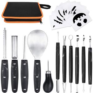 Professional Pumpkin Carving Kit, 11 Pieces Heavy Duty Stainless Steel Carving Tools for Halloween with Carrying Case and 10 Pcs Carving Templates-Black