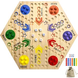 Wooden Board Game, Original Marble Game Double Sided Painted 2 to 6 Player Fast Track Board Game Wooden with 6 Colors 24 Marbles 6 Dice for Adults Kids Family(15 INCH)