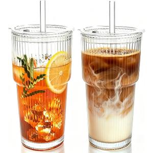 2PCS 20oz Glass Cups with Lids and Straws, Iced Coffee Cups with Lids, Stylish Ribbed Thick Drinking Glasses Tumbler for Juice, Smoothies, Cold Beverages, Cute Cup Gifts with Clean Brush
