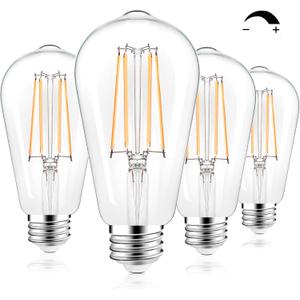 PARTPHONER LED Light Bulbs Dimmable Vintage Edison Bulb, E26 LED Bulb 60W Equivalent 720 Lumens, Warm White 2700K, ST58 Antique LED Filament Bulb CRI 85+, Clear Glass, Pack of 4