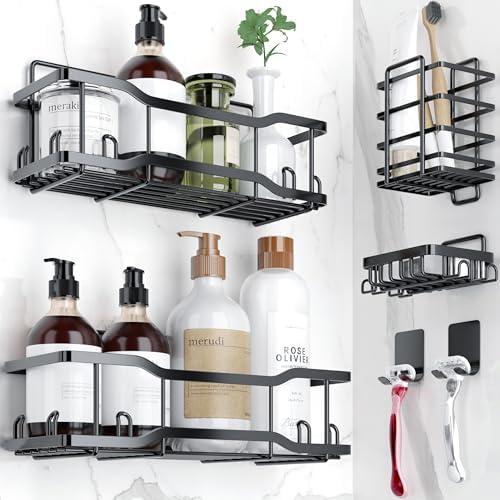 Shower Caddy Bathroom Shelves, The Athena Silken Black 4 Set, 40LB Capacity, Adhesive Tape - No Drill-Rustproof -Gorgeous Powder Coated 304 Stainless Steel Shower Organizer for kitchen and Home Decor