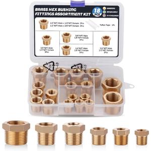 18PCS Brass Hex Bushing Fitting Kit,1/4" - 1/8", 3/8" - 1/8",3/8" - 1/4",1/2" - 1/4",1/2" - 3/8",3/4" - 1/2" NPT Pipe Fittings