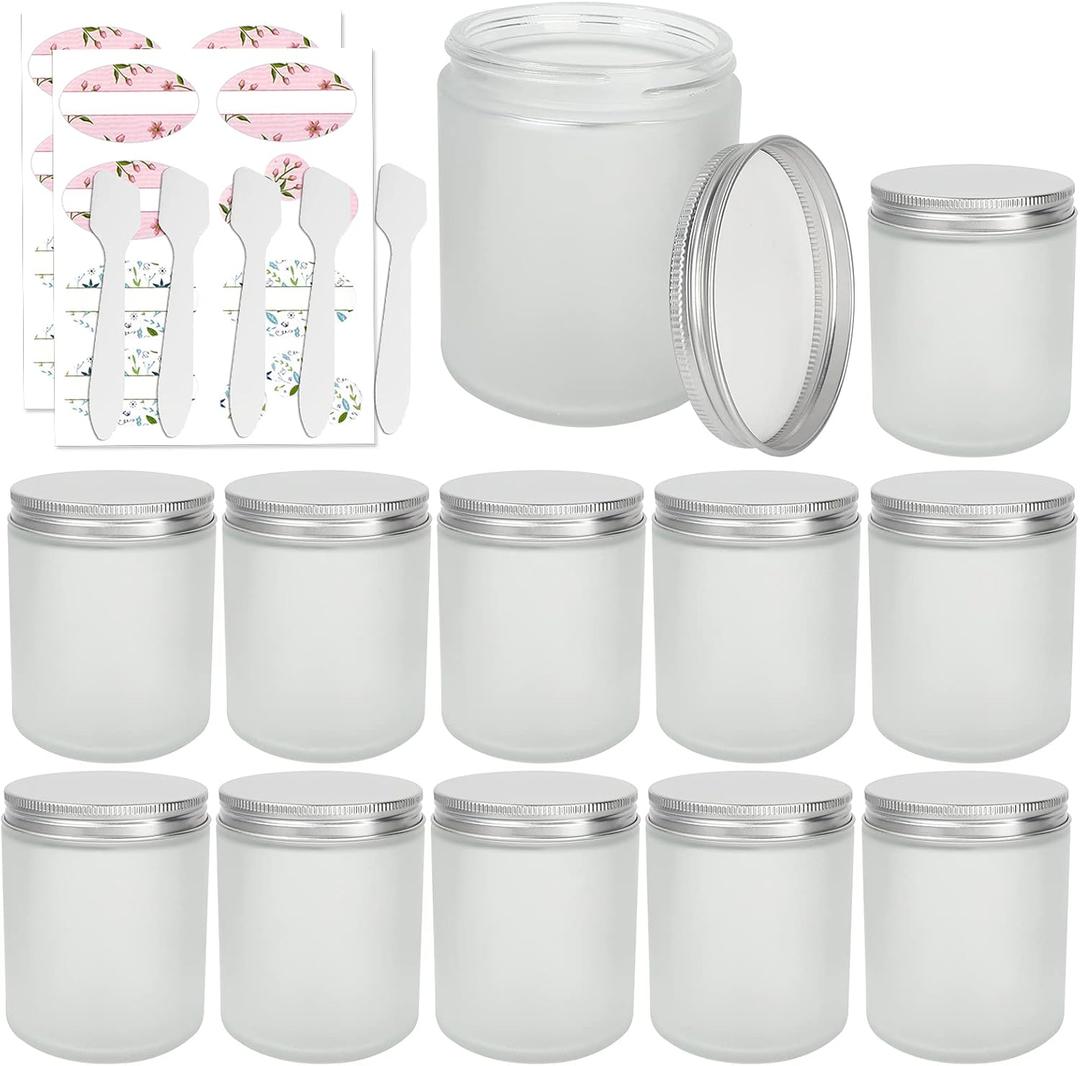 12 Pack 8 oz Round Frosted Glass Jars with Silver Metal Lids, 240ml Matte Clear Empty Candle Jars Cosmetic Jars Food Storage Containers, Canning Jars For Spice, Powder, Liquid, Sample, Face Cream Lotion