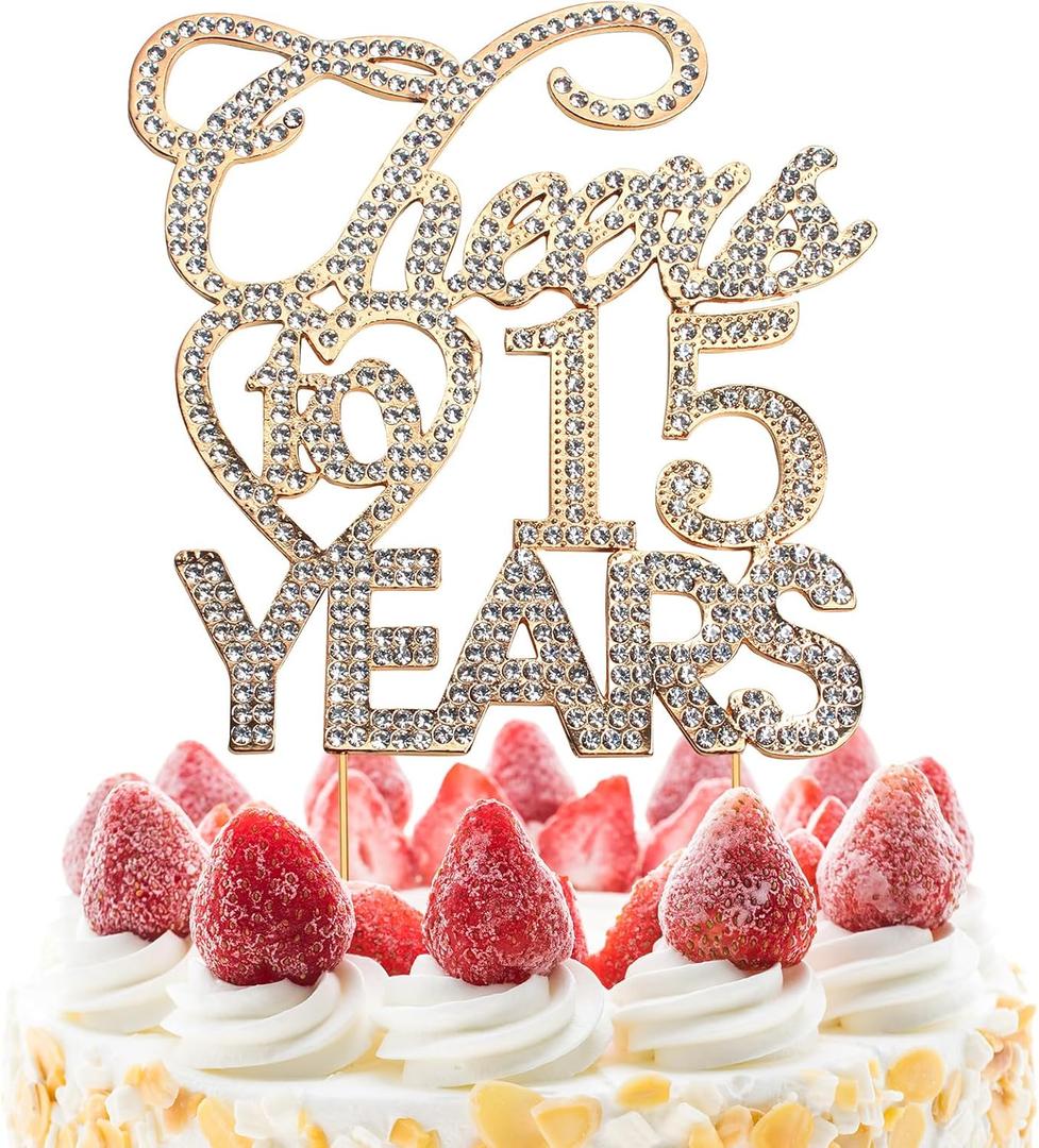Bling Crystal Cheers To 15 Years Cake Topper - Best Keepsake 15th Birthday Or Anniversary Decor Party Decorations Gold Bling Crystal Cheers To 15 Years Cake Topper - Best Keepsake 15th Birthday Or Anniversary Decor Party Decorations Gold