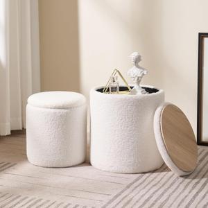Round Boucle Upholstered Ottoman with Storage Set of 2 Vanity Stool Foot Rest with Removable Lid White Tall Ottomans Chair for Living Room Pouf Footstool,Gifts (Boucle-white)