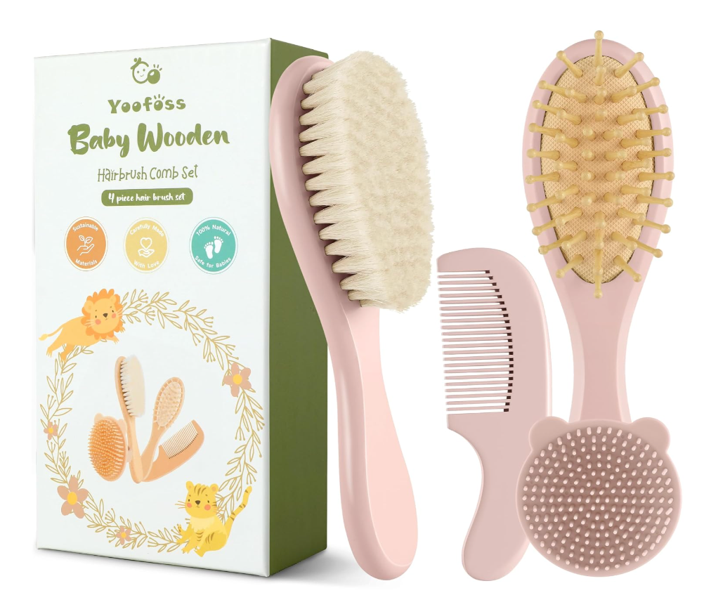 Yoofoss 4 Piece Baby Hair Brush and Comb Set，Wooden Baby Hair Brush with Natural Ultra Soft Goat Hair, Baby Comb Set for Boy, Girl  Pink