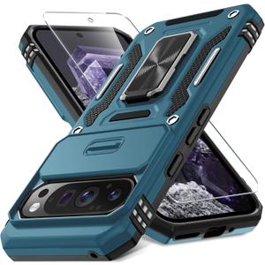 DEERLAMN Case for Google Pixel 9 Pro XL with Slide Camera Cover+Screen Protector(1 Pack), Rotated Ring Kickstand Military Grade Shockproof Protective Cover-Light Blue