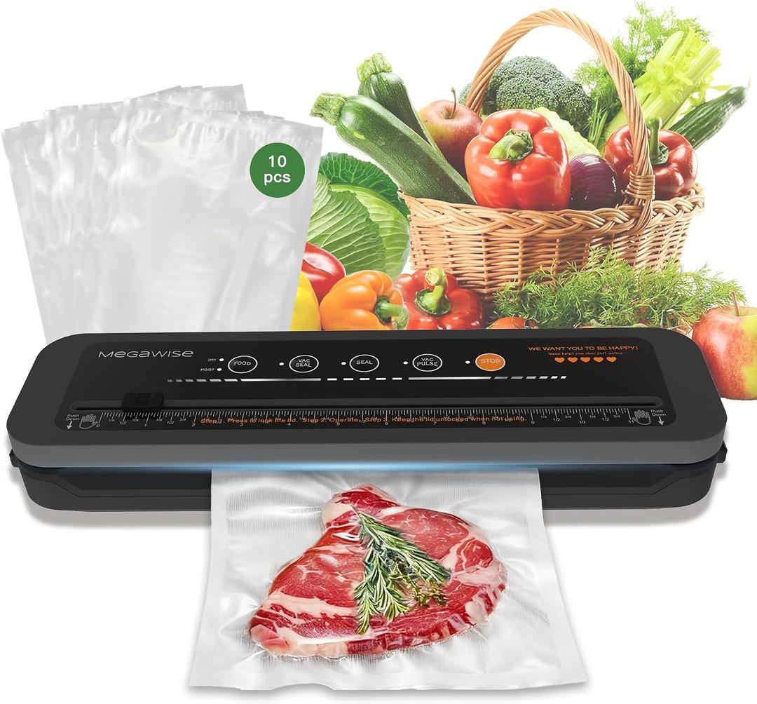 MegaWise Vacuum Sealer Machine | 80kPa Suction Power| Bags and Cutter Included | Compact One-Touch Automatic Food Sealer with External Vacuum System | Dry Moist Fresh Modes for All Saving Needs