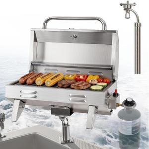 Boat Grill with Rod Holder Mount, 18/8 Stainless Steel Grill, Extra Large Cooking Area for 4-5 People, Fast & Even Heating, 12,000 BTU Propane Grill (Propane Excluded), Marine & Tabletop Portable