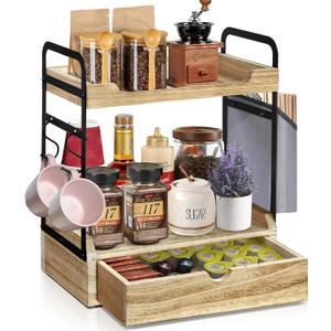 Wooden Coffee Bar Organizer - 2-Tier Station with Pod Holder, Syrup Snack Organizer and Hooks (Brown)