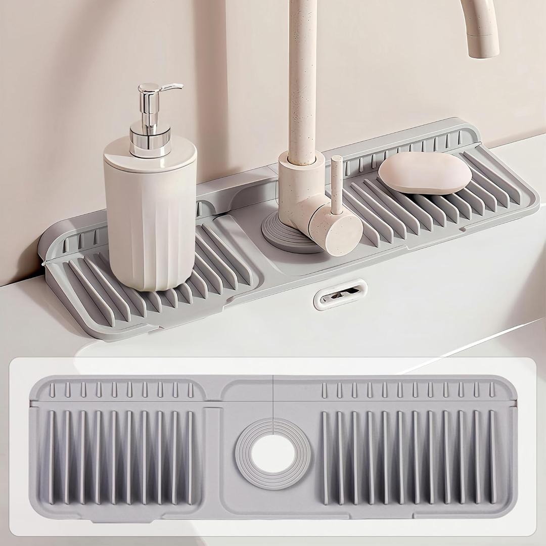 18 inch Silicone Faucet Mat for Kitchen Sink - 6 Slope & Fasten Button Design, Quick-Dry Splash Guard Water Catcher Behind Faucet, RV/Bathroom Safe (Gray) (17.7" x 5.5")