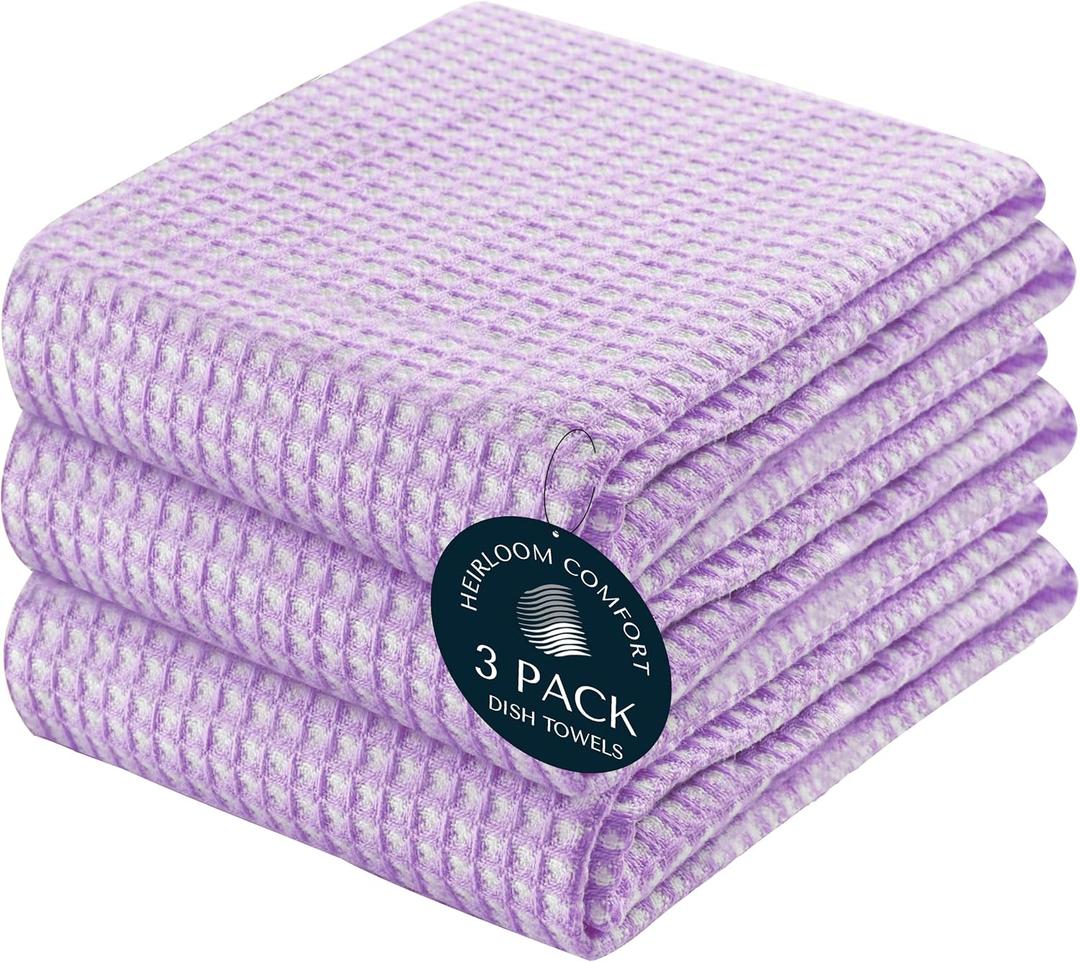 3 Pack Dual Tone Waffle Weave Kitchen Towels, 16x26 Inch, 100% Cotton, Reversible, Super Absorbent, Quick Dry, Durable Dishcloth Set, Soft Hand Towels for Cleaning, Lavender