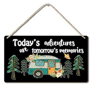 TopXmai Camping Wood Sign 14x8, Happy Camper The Adventure Begins Rustic Decor Hanging Sign, Camper Decorations for Inside RV and Travel Trailers, Funny Camping Gifts for Campers(Black), K019
