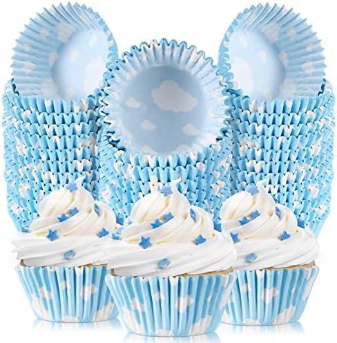 300 count Cloud Blue Cupcake Liners White Light Cupcake Wrappers Paper Blue Muffin Cups Birthday Theme Party Baking Cups Baby Shower Decor Could Baking Wrapping and Packaging for Party Supplies