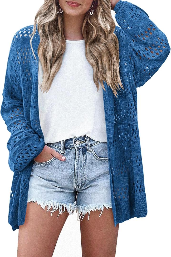 HOTOUCH Lightweight Crochet Cardigan for Women Long Sleeve Open Front Knit Oversized Cardigans Sweaters (Small, Blue)